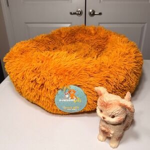 Pawsome Pets Cozee Faux Fur Calming Donut Pet Bed Yellow Orange 23" Round NWT